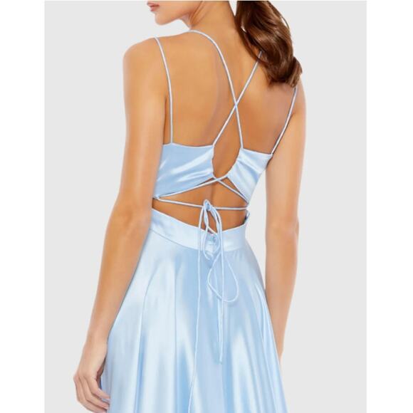 IEENA MAC DUGGAL Powder Blue Satin Strappy-Back High Slit Gown Size 6 - Picture 3 of 9